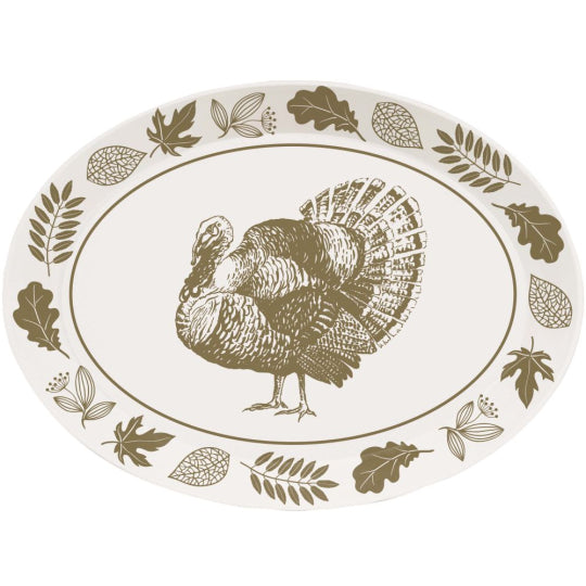 Oval white plastic tray with brown turkey illustration and autumn leaf border, 10x14 inches.