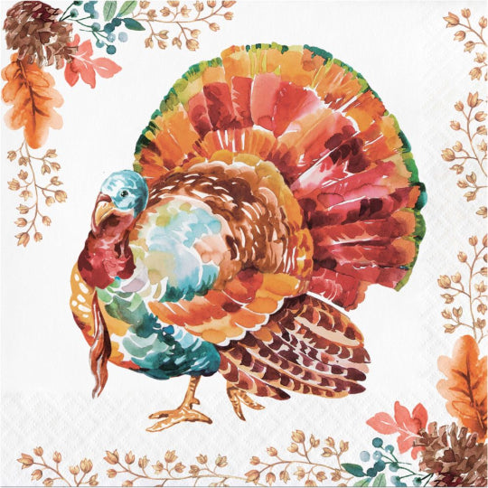 Square paper napkin with colorful watercolor turkey and autumn leaves on a white background.