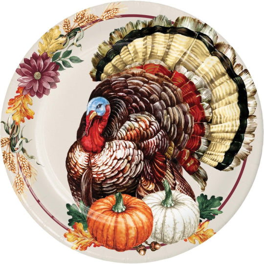 Round ceramic dinner plate with colorful vintage turkey illustration, surrounded by autumn flowers, leaves, and two small.