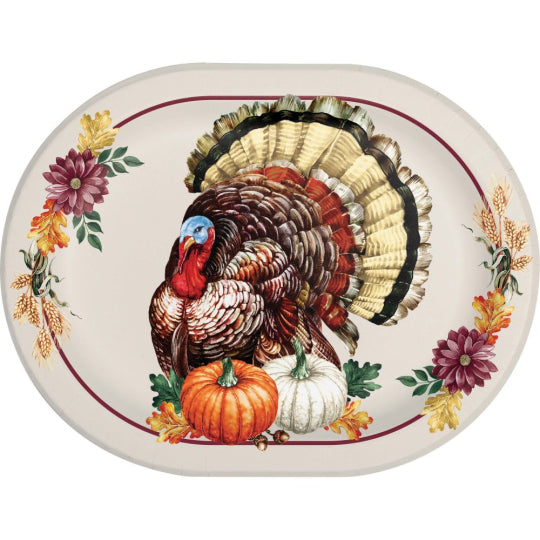 Oval ceramic platter with detailed vintage turkey illustration, decorated with pumpkins and autumn flowers.