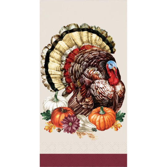 Vintage-style turkey printed guest towel with pumpkins, autumn leaves, and a burgundy border.