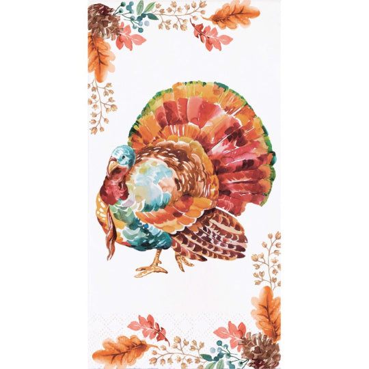 White guest towel with colorful watercolor turkey and autumn leaf accents in orange and brown tones.