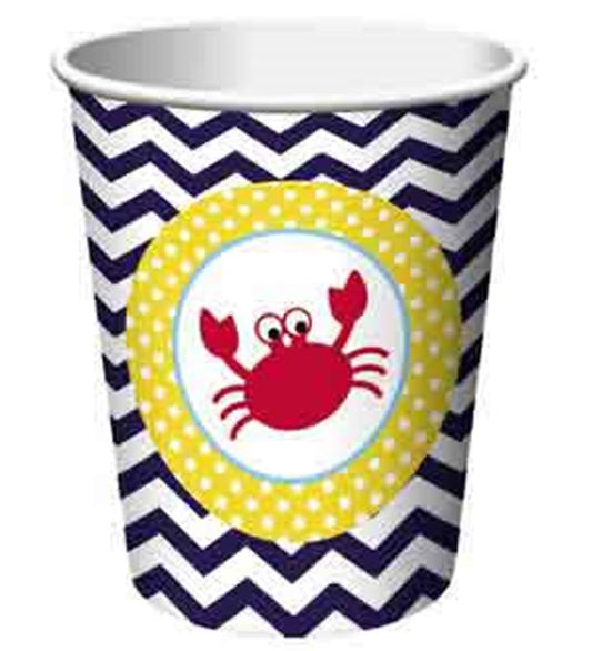 9oz paper cup with navy blue and white chevron pattern, yellow polka dot circle, and red cartoon crab design.