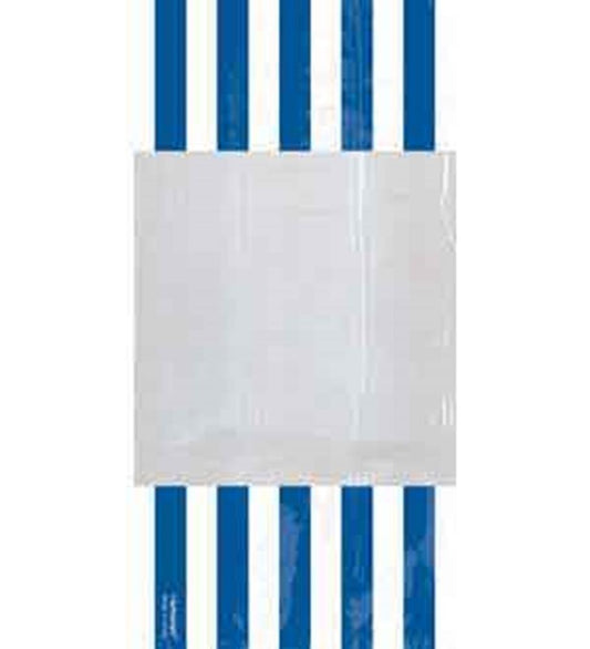 Small glossy party bag with vertical royal blue and white stripes and a clear front panel.