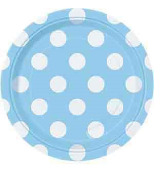 Round powder blue plate with large white polka dots and a slightly scalloped edge.
