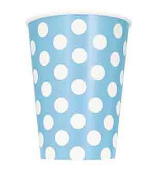 Powder blue 12oz cup with white polka dots and a slightly flared rim.
