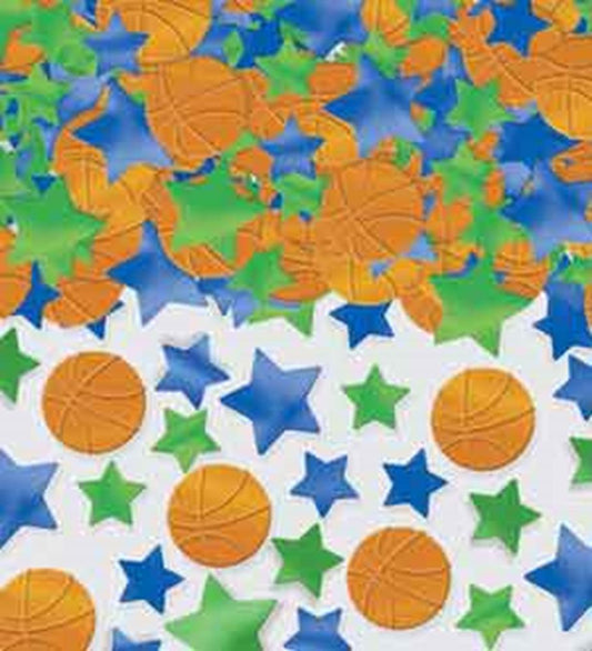 Orange basketball and star-shaped confetti in blue, green, and navy colors scattered on white background.
