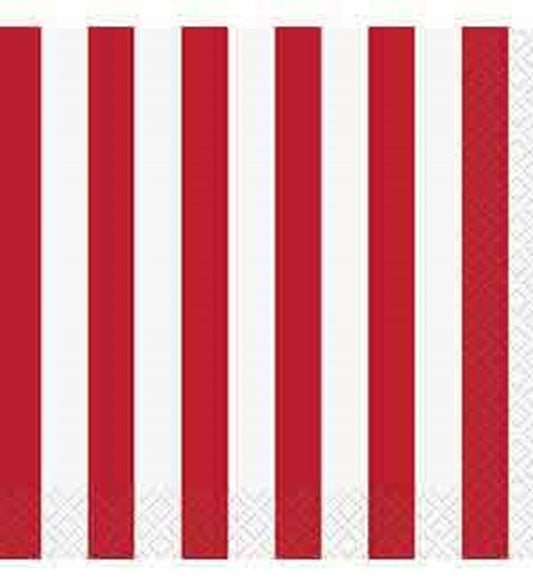 Stack of small paper napkins with bold vertical red and white stripes and embossed edges.