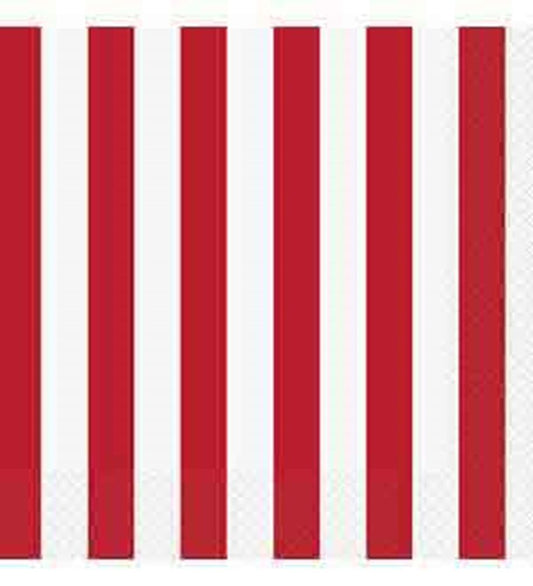 Set of large napkins with vertical bold red and white stripes, fabric texture visible.