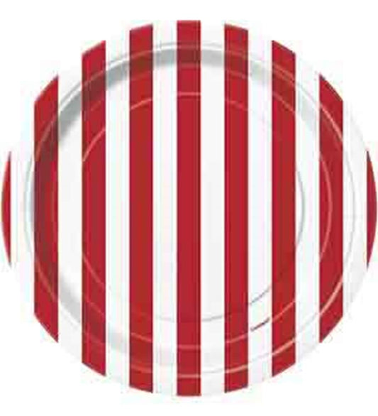 7-inch round white plate with evenly spaced vertical red stripes, glossy finish.