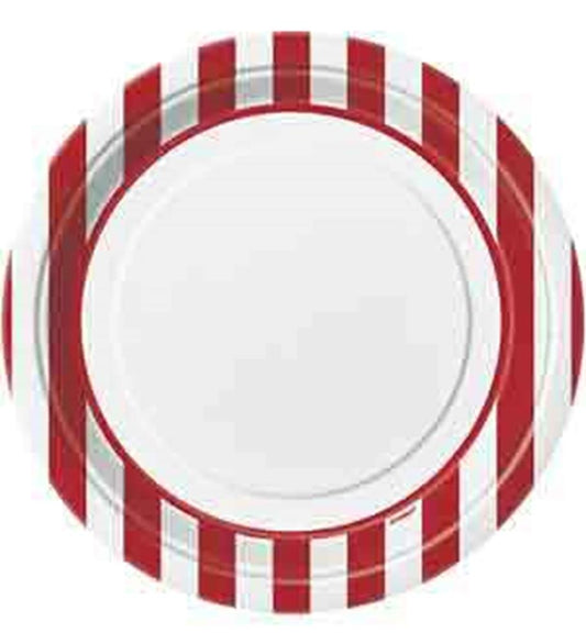 White 9-inch round plate with bold red vertical stripes around the rim.