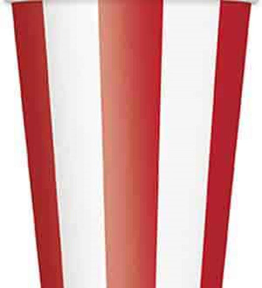 Set of six 12oz disposable cups with bold vertical red and white stripes.