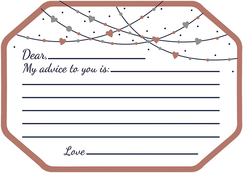 Navy bride advice card with heart and string light design, lined space for writing advice and signature.