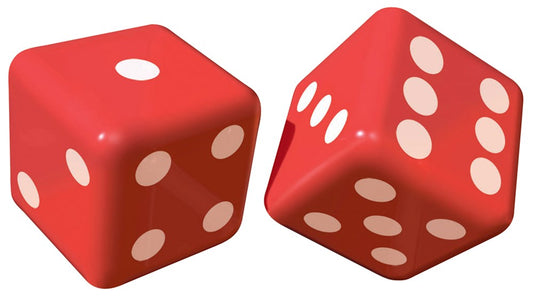 Two red inflatable dice with white dots showing different numbers.