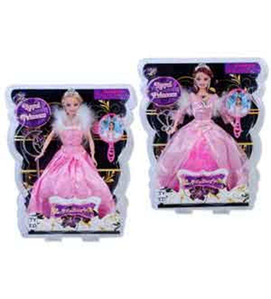 Two Makayla Royal Princess dolls wearing pink ball gowns with puffed sleeves and glitter accents, packaged in clear display.