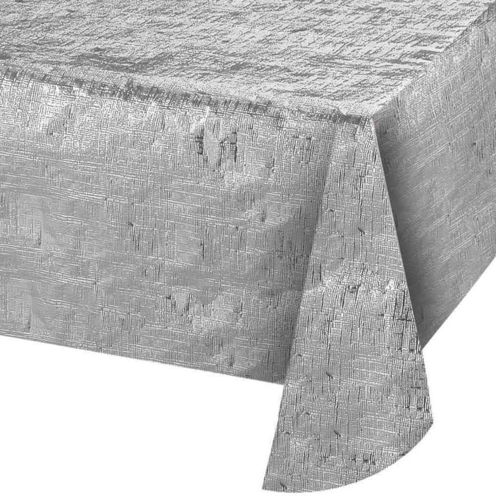 Rectangular metallic silver tablecover with a crinkled, reflective texture, measuring 54 by 108 inches.