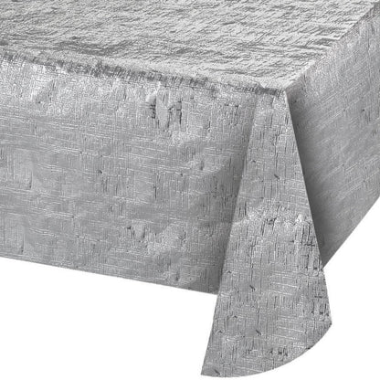 Rectangular metallic silver tablecover with a crinkled, reflective texture, measuring 54 by 108 inches.