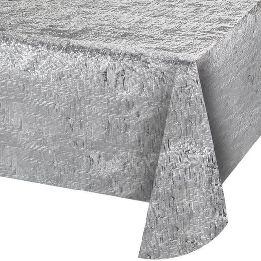 Rectangular metallic silver tablecover with a crinkled, reflective texture, measuring 54 by 108 inches.