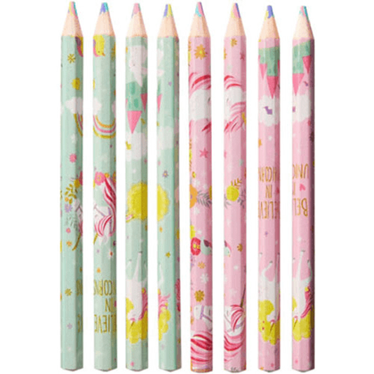 Set of eight color pencils in vibrant shades, decorated with whimsical unicorn patterns in green and pink hues.