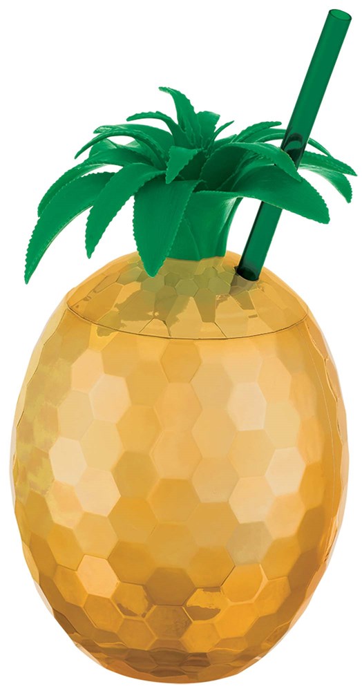 Gold hammered metal cup shaped like a pineapple with green plastic palm leaves and matching straw.