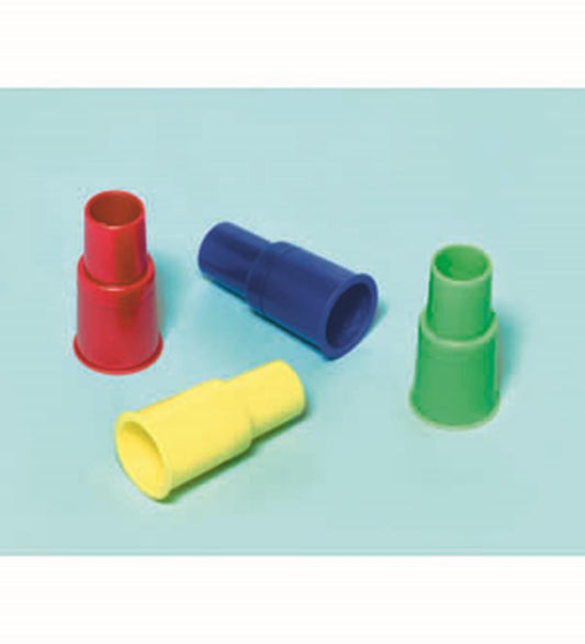 Set of four plastic siren whistles in red, blue, yellow, and green on a light blue surface.