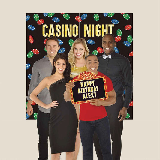 Casino Night backdrop with colorful poker chips and guests holding a Happy Birthday Alex sign.