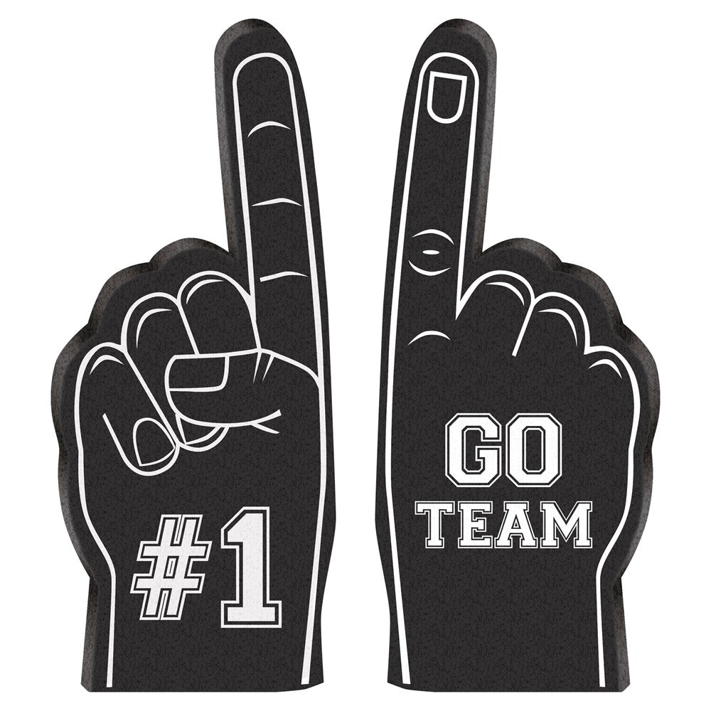 Black foam fingers with white outlines and text, one saying "#1" and the other "GO TEAM".
