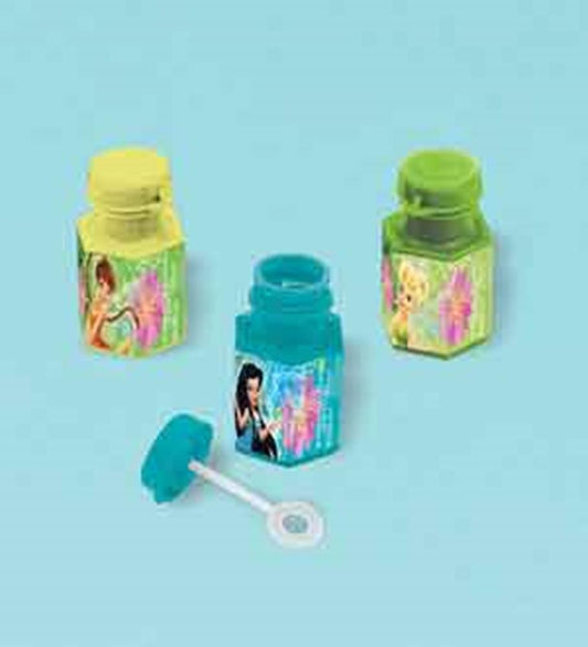 Three small square-shaped bubble bottles in green, yellow, and blue, each with a Disney fairy-themed label and a matching.