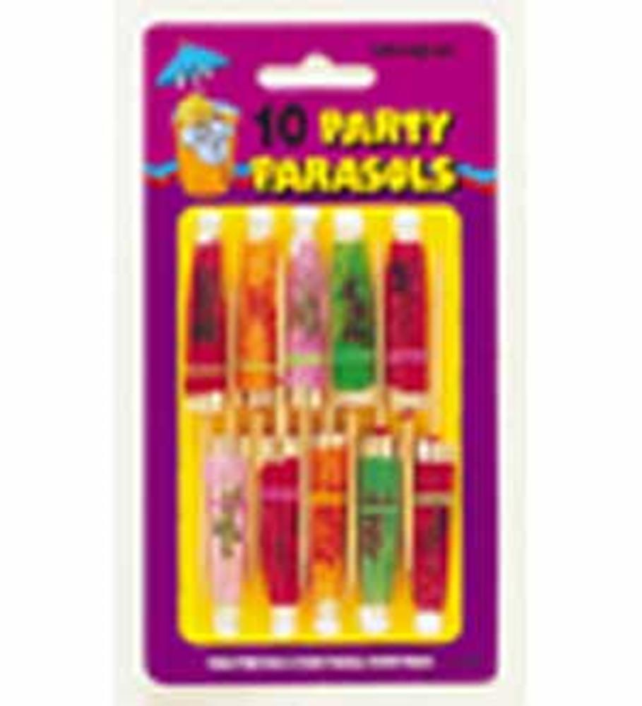 Set of 10 colorful miniature paper parasols with wooden handles on purple backing card.