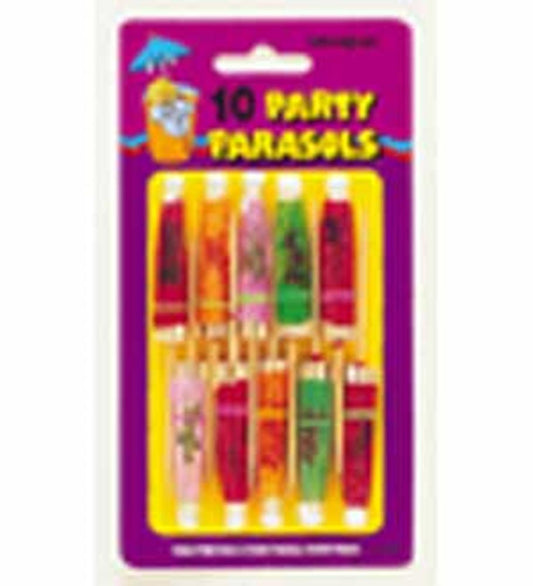 Set of 10 colorful miniature paper parasols with wooden handles on purple backing card.