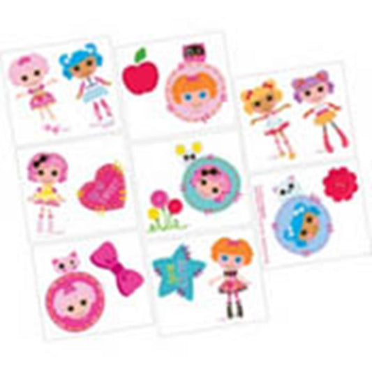 Colorful Lalaloopsy temporary tattoos featuring dolls, hearts, stars, and flowers on white sheets.