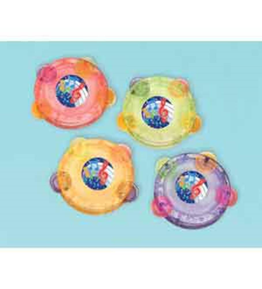 Set of four colorful plastic tambourines in orange, yellow, green, and purple with decorated centers.