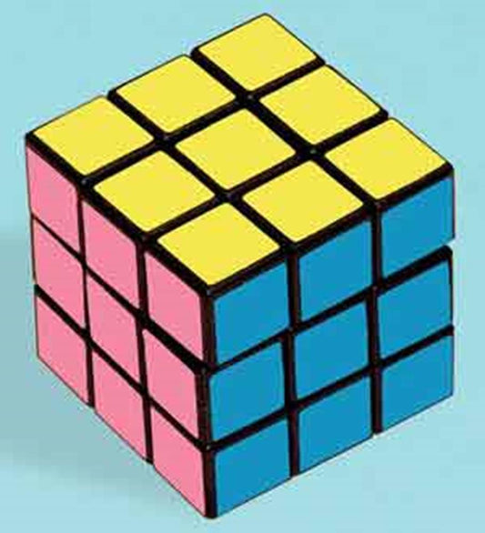 Three-sided Rubik’s cube with yellow, pink, and blue colored square stickers on a black plastic base.