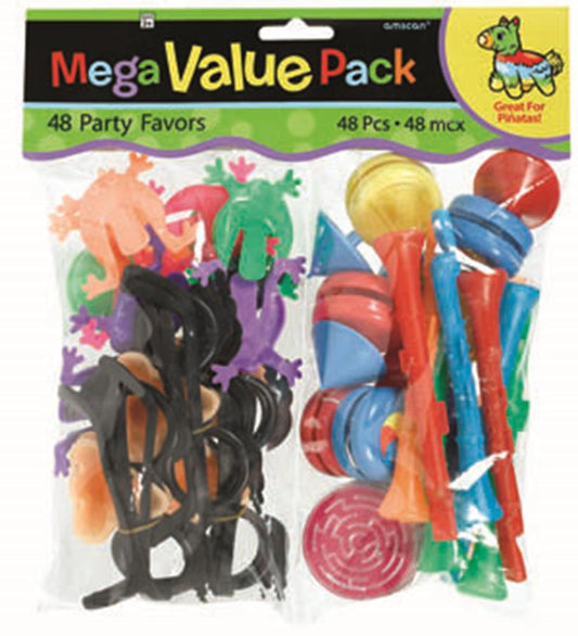 48-piece colorful plastic party favors including horns, whistles, and animal-shaped figures in a clear pack.