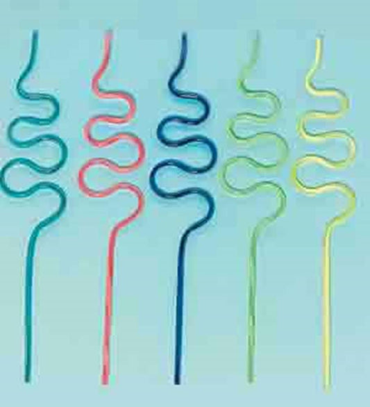 Colorful flexible swirl straws in blue, red, green, and yellow, 10 pack on light background.