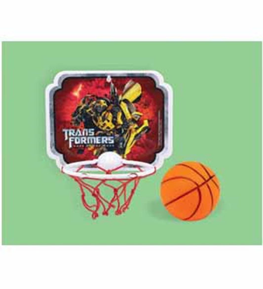 Mini basketball hoop with red net and Transformers-themed backboard featuring Bumblebee, including an orange mini basketball.