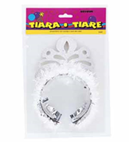 Silver plastic princess tiara headband with faux pearl and beaded accents in clear packaging.