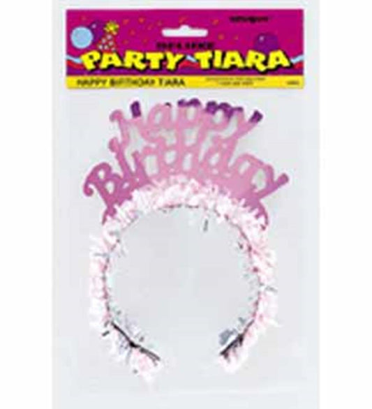 Pink "Happy Birthday" tiara with glitter and fluffy white trim on a silver headband.