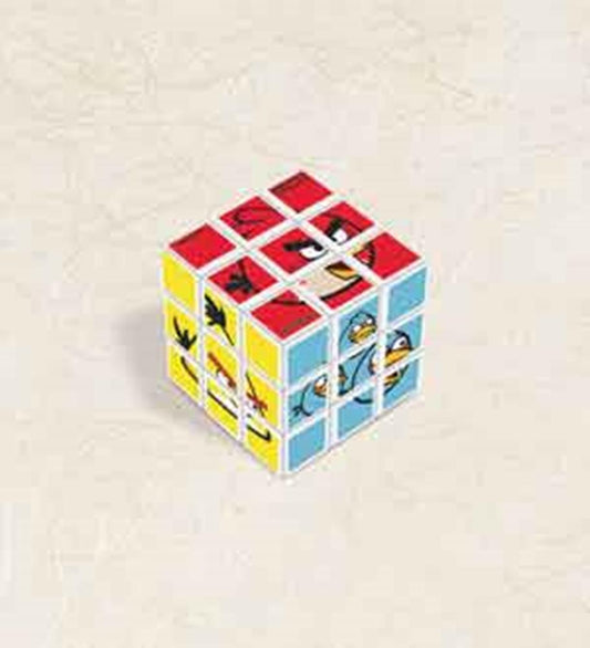 Colorful Angry Birds-themed 3x3 puzzle cube with red, yellow, and blue sides featuring character faces.