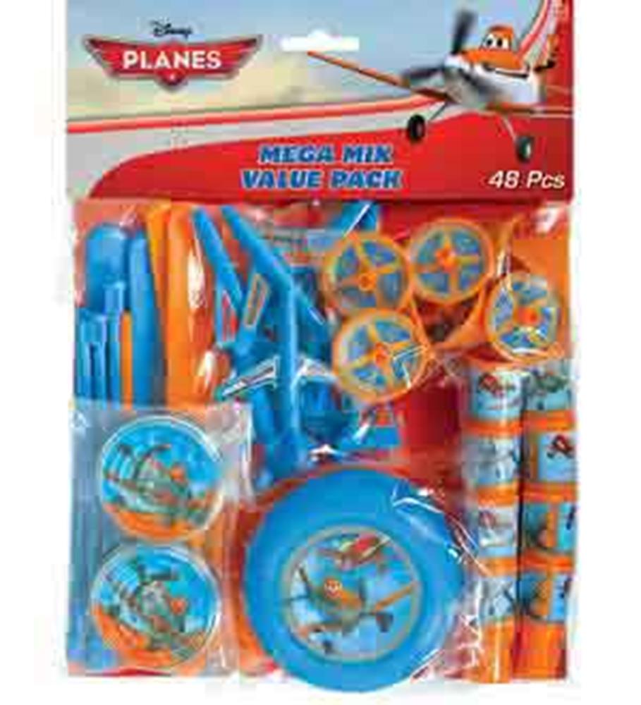 Planes-themed blue party favor set with plates, cups, straws, and orange utensils in a 48-piece mega mix pack.