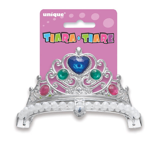 Silver plastic tiara with heart-shaped blue gem center, surrounded by green and pink jewels.