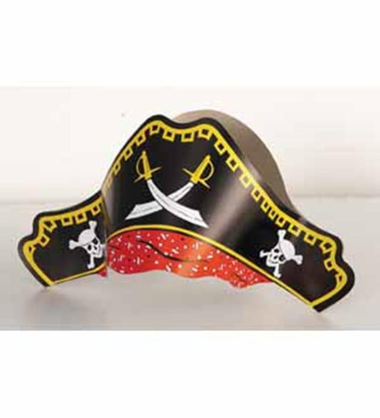 Black and red pirate hat with gold trim, crossed swords, and skull and crossbones designs, made of lightweight material.