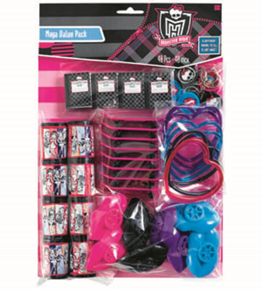 Monster High favor pack with pink, black, and blue party items including glasses and themed boxes, 48 pieces.
