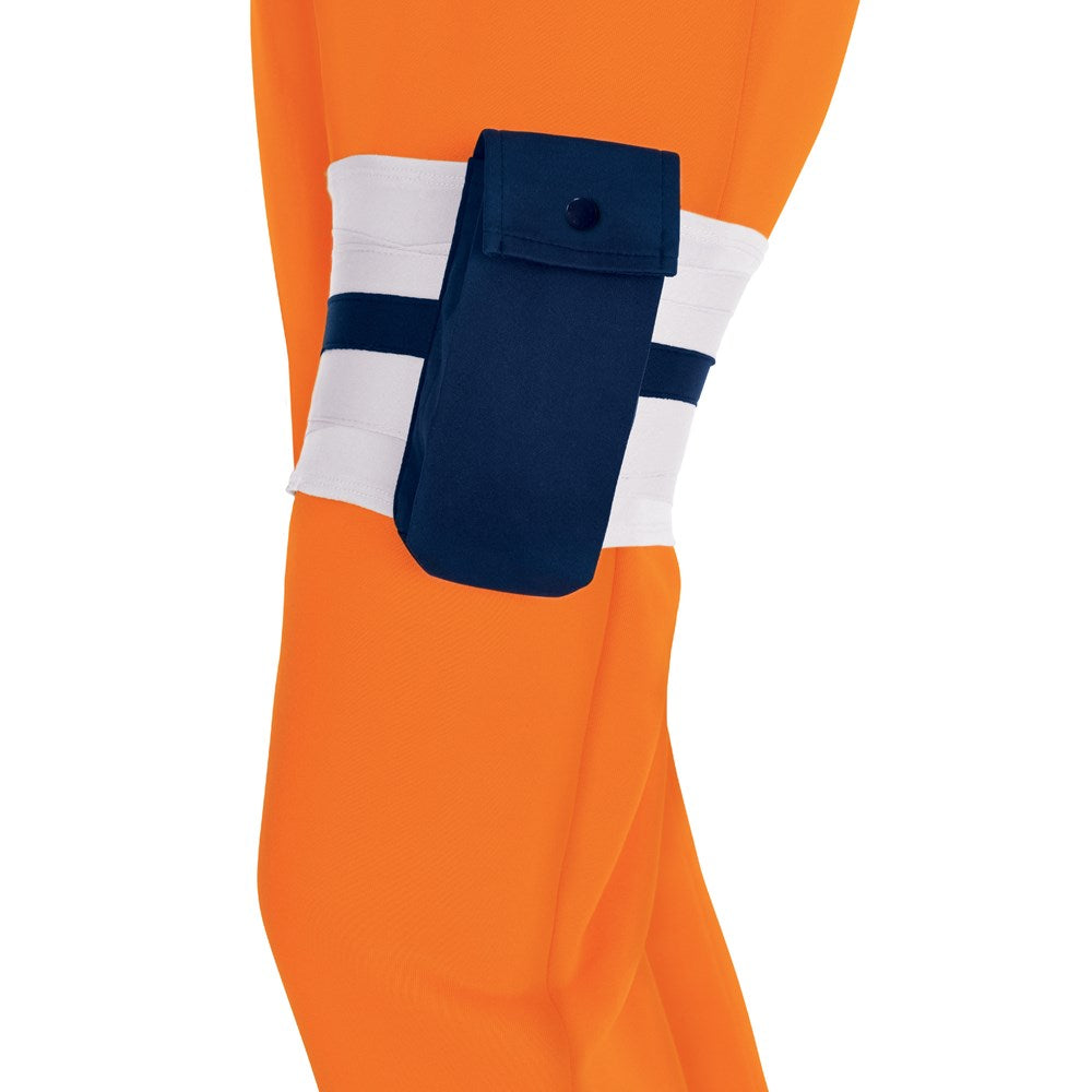 Navy blue rectangular leg holster pouch with flap and button closure on white elastic strap against orange fabric background.