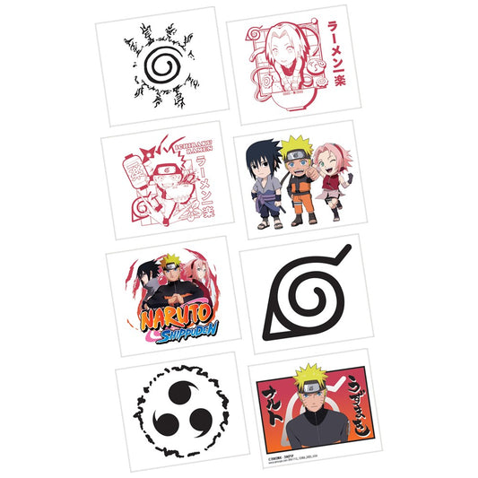 Set of eight Naruto-themed temporary tattoos featuring characters, symbols, and logos in black, red, and color prints on.