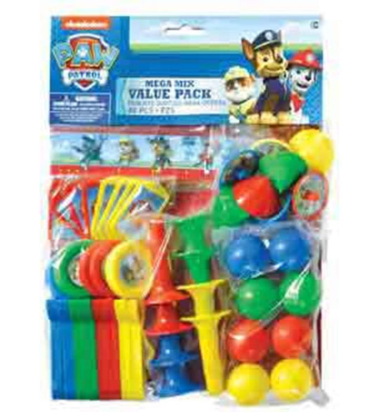 Paw Patrol Mega Mix Value Pack with colorful blowouts, party horns, and balloons in red, blue, yellow, and green packaging.