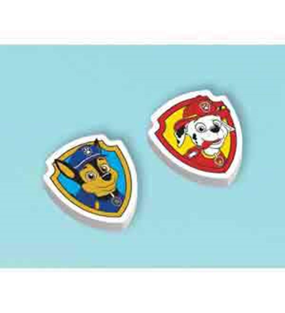 Paw Patrol erasers featuring Chase in blue and Marshall in red badges on a light blue background.