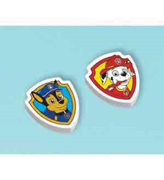 Paw Patrol erasers featuring Chase in blue and Marshall in red badges on a light blue background.