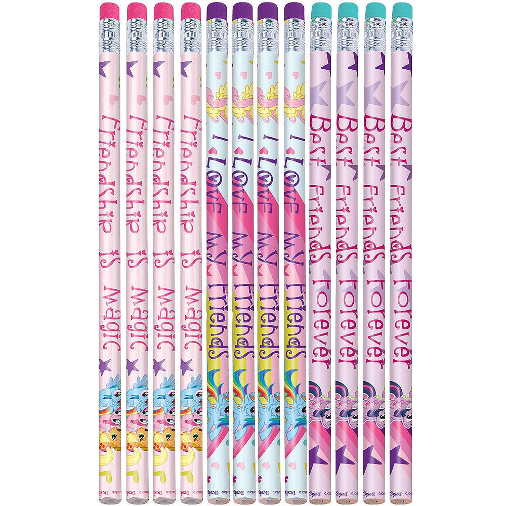 Set of six colorful My Little Pony-themed wooden pencils with pink, purple, yellow, and teal accents and printed character.