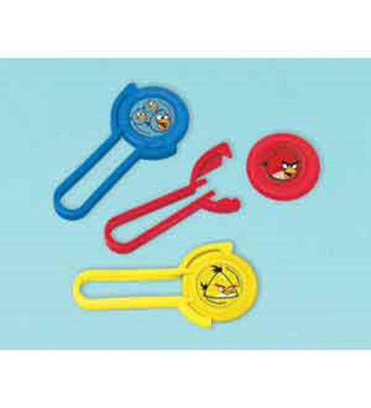 Three Angry Birds Space-themed disc shooters in blue, red, and yellow plastic with matching round discs featuring bird faces.